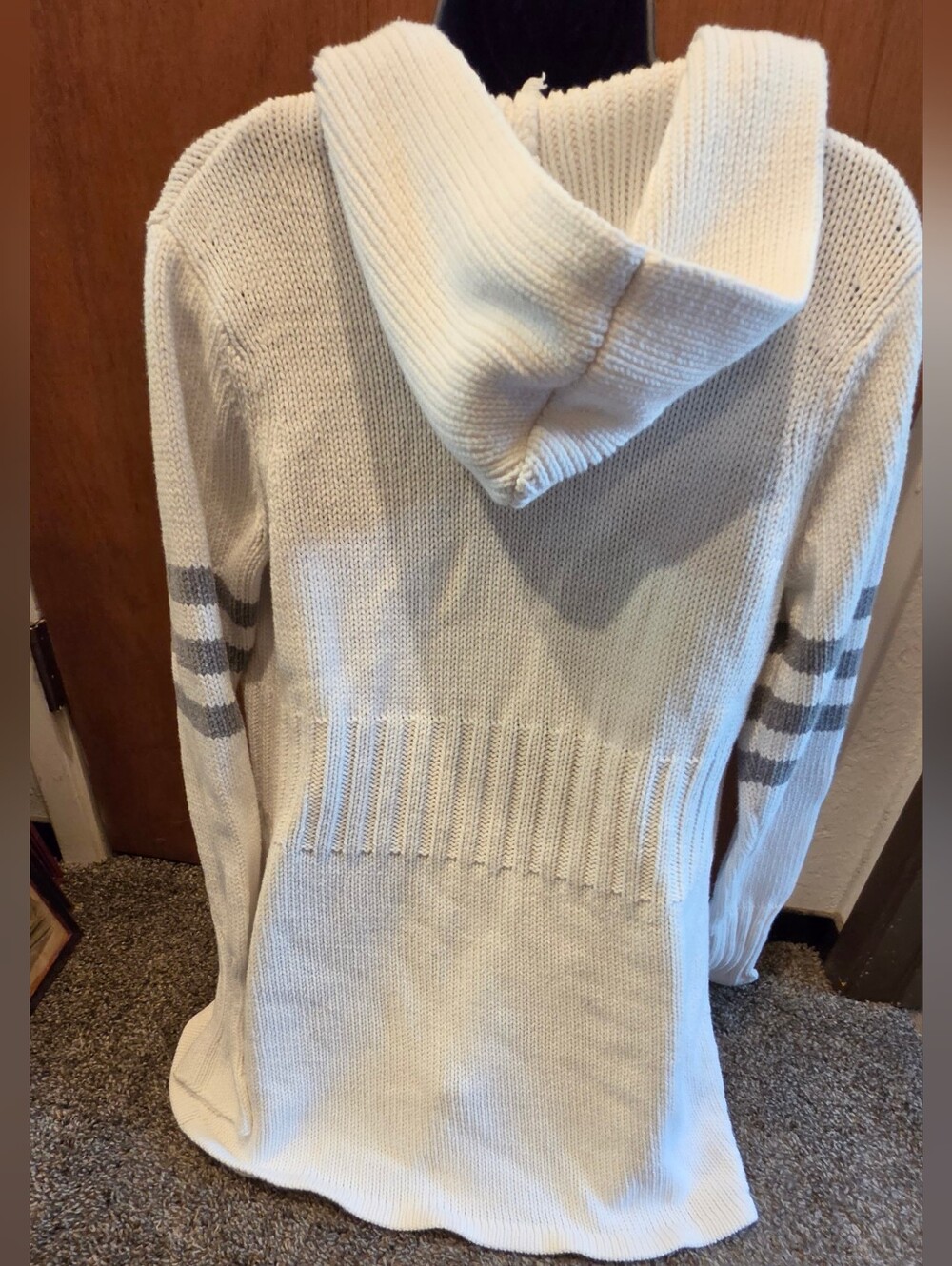 "if it were me" White Knit Button Cardigan Hoodie Gray Stripe Sleeves SzL - Picture 4 of 6